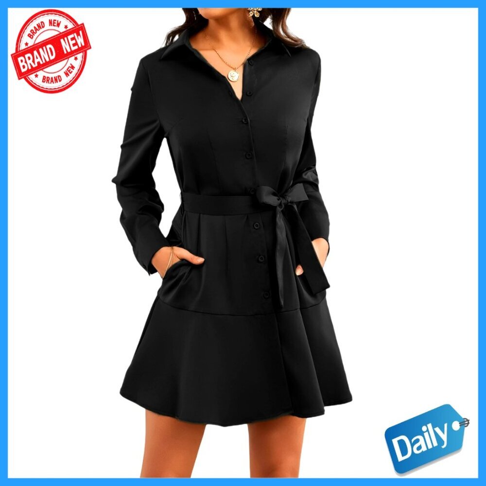 Long Sleeve Button Up Midi Dress Belted Shift Collar Elegant Work Office